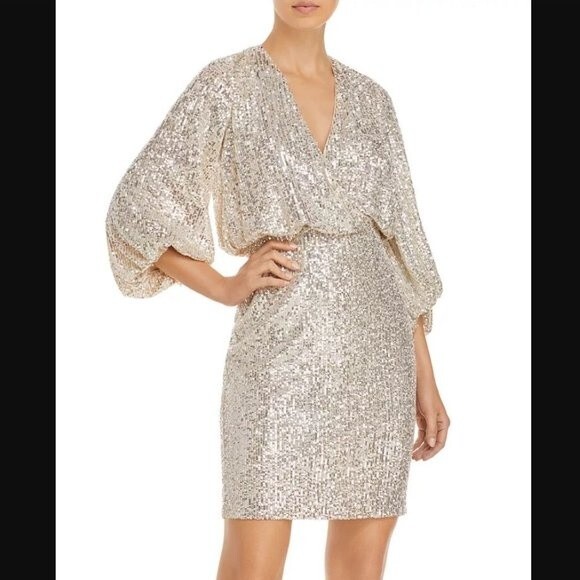 Eliza J Silver Sequined Blouson Surplice V-Neck Cocktail Dress Size 0 NWT - Picture 1 of 10